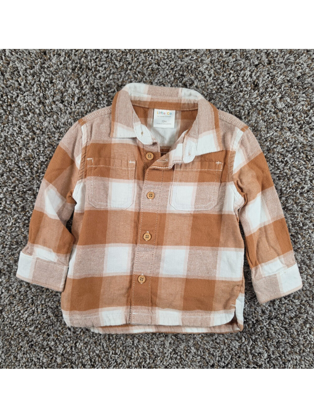 Little Co Baby Boys Sz 12M Long Sleeve Button Up Shirt Brown Buffalo Plaid